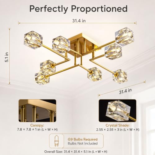 8 Light Gold Crystal Semi Flush Mount Sputnik Ceiling Light Fixture (Gold (8-light))