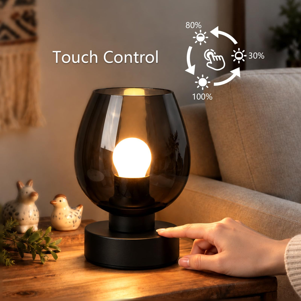 Touch Bedside Table Lamp (Black (No USB) / 1-Pack)