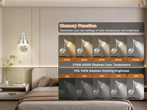 2 Pack Plug in Wall Sconces with Remote Control (Brushed Nickel-2 PACK(Bulbs+Remote))