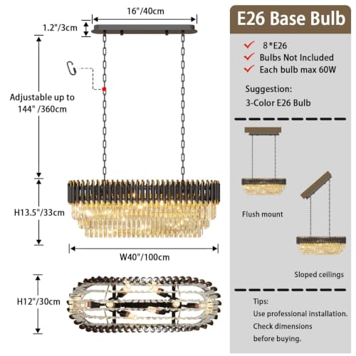 40" 8 Light Modern Black Gold Crystal Chandelier (Black L40")