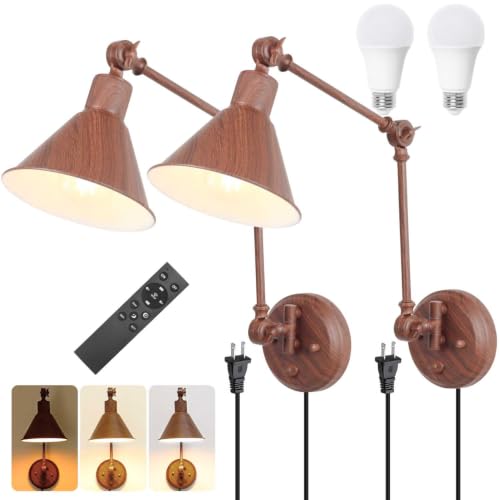 Dimmable Wall Sconce (Walnut color / 2 Pack- (Remote+Bulbs))