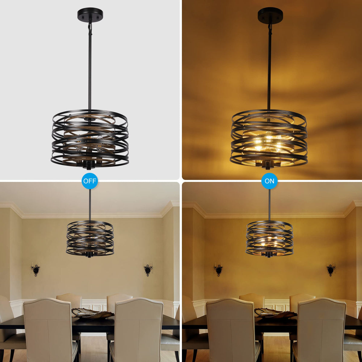12.6'' Farmhouse Chandeliers for Dining Room (Black with Retro Wood Texture Interior / 12.6"/3-Light)