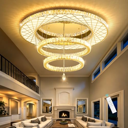 48 inch Large Size Glam Chandelier Crystal Ceiling Light for Living Room Chandeliers Lighting Fixtures with Remote Dimmable LED Light (48 inch / Gold)