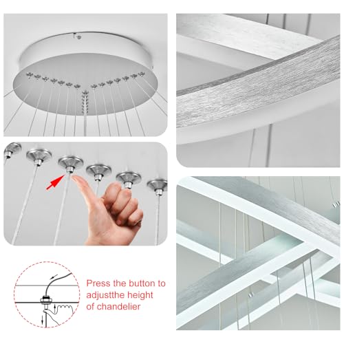 7 Rings D31.5in Modern LED Chandelier Silver Dimmable High Ceiling Chandeliers Foyer with Remote Control for Staircase Entryway Dining Room Living Room (Silver / 7 Rings 31.5in)
