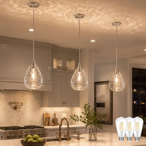 Nickel Glass Pendant Lights Kitchen Island 8" Pendant Light Hammered Clear Glass 3 Pack Height Adjustable Modern Hanging Pendant Lights for Dining Room Bedroom Hallway Sink Bulbs Incl (Nickel, 3 PK / 8 Inch)