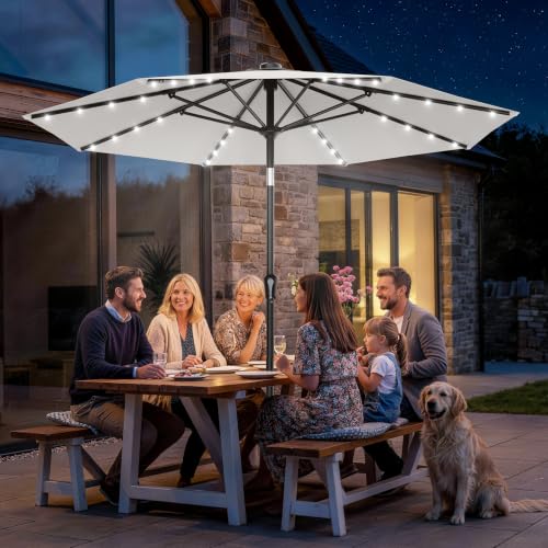 9FT Patio Umbrella with Solar Lights (Light Gray / 9 FT)