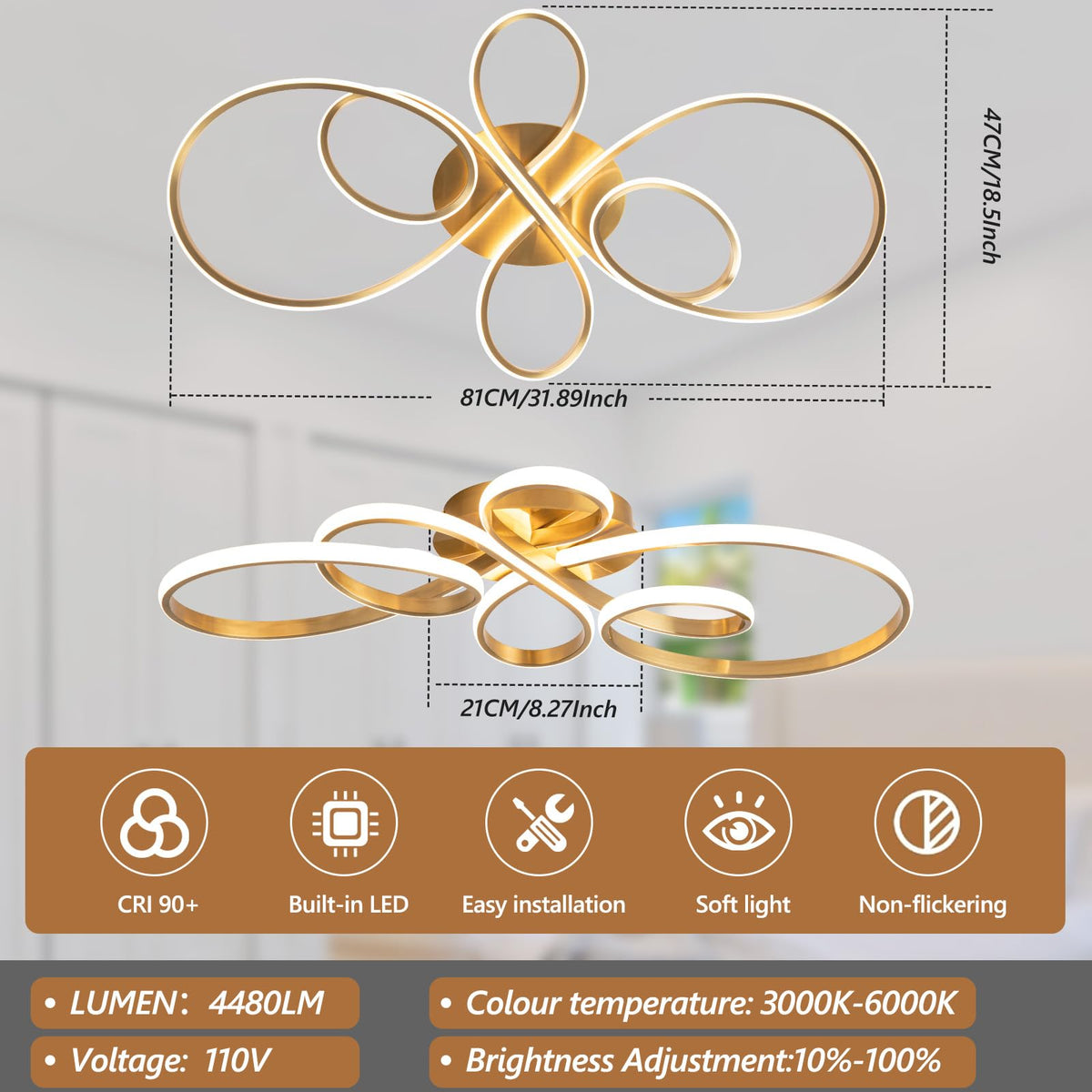56W Modern LED Ceiling Light (Gold,31.89Inch)