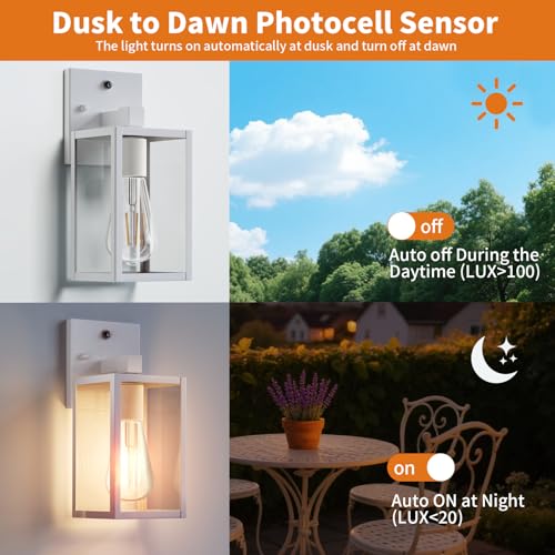 2 Pack White Dusk to Dawn Front Porch Lighting Fixtures Wall Mount (White / Small-10.24'')
