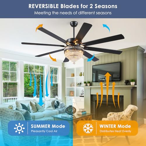 72 Inch Black Large Crystal Chandelier Ceiling Fans with Lights and Remote (Black-72IN)