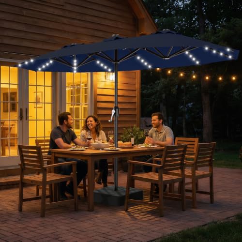 15FT Patio Umbrella with Solar Lights (Navy / 9x15 Ft)