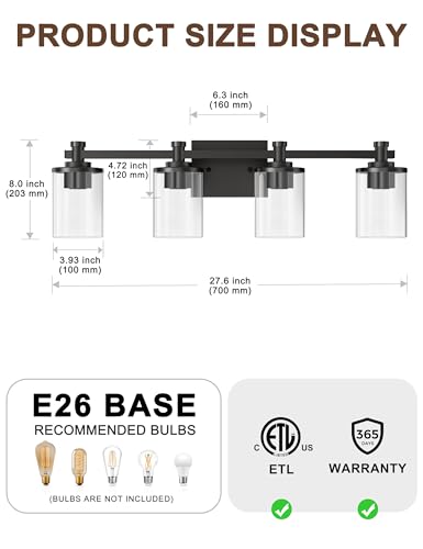 4 Light Black Bathroom Light Fixtures Over Mirror (Upgraded Matte Black / 4-Light)