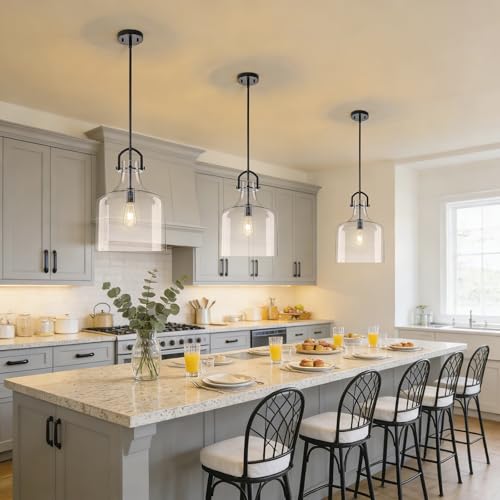 15"H Large Glass Pendant Light Fixtures with Clear Oversized Glass (Black)