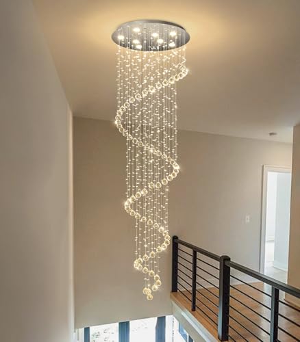 W24 x H78 Inches Crystal Glam Chandelier Long Light Chandeliers with Dimmable Light Bulbs Silver High Ceiling Pendants Light Fixtures for Foyer Entryway Living Room Stair (Silver / Spiral W24" X 78")