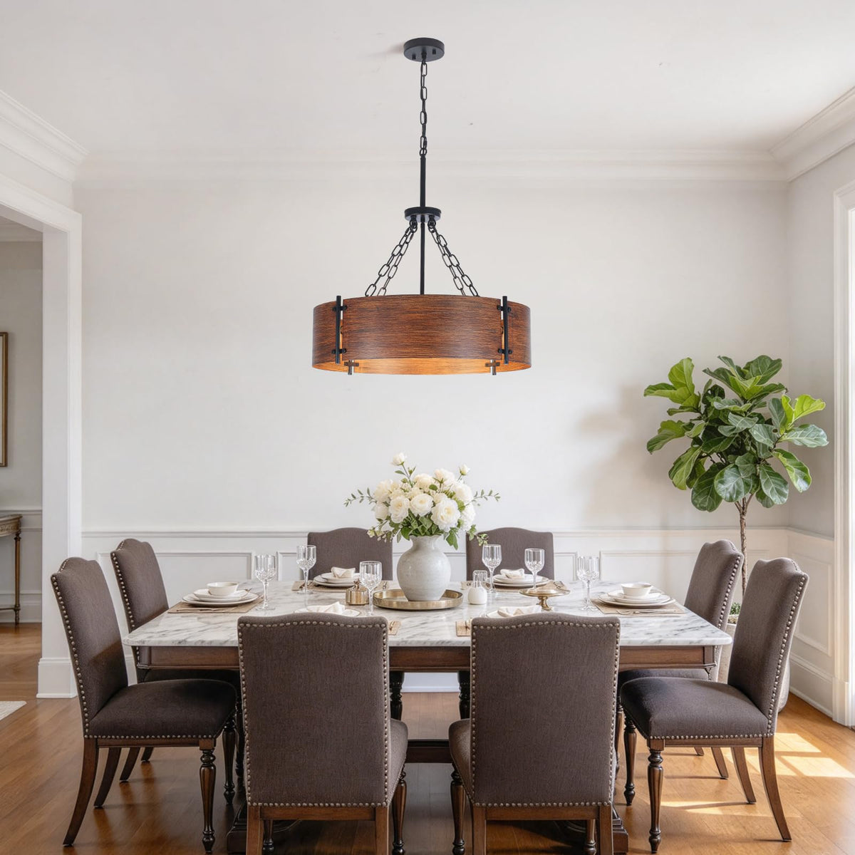 23.62" Farmhouse Chandeliers for Dining Room 6 (Brown Wood Grain Finish-6-Light-23.62'')