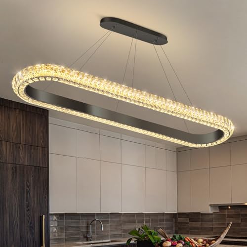 47'' Oval Ring Crystal Chandelier Modern LED Dimmable Ring Pendant Light Chandelier for Dining Room Living Room Black (Black / 1 Ring Oval 47")