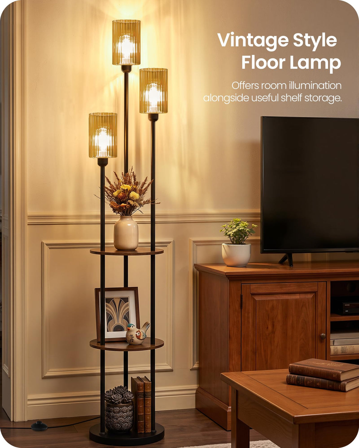 71" Floor Lamp with Shelves (Rustic Brown + Amber Glass)