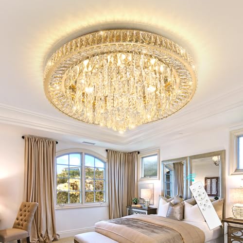 Modern Crystal Chandeliers for Living Room Ceiling Light Fixture LED Dimmable Lamp with Remote Pendant Lighting Flush Mount Ceiling Light for Dining Room Bedrooms Foyer (Gold / 31.5" Width)