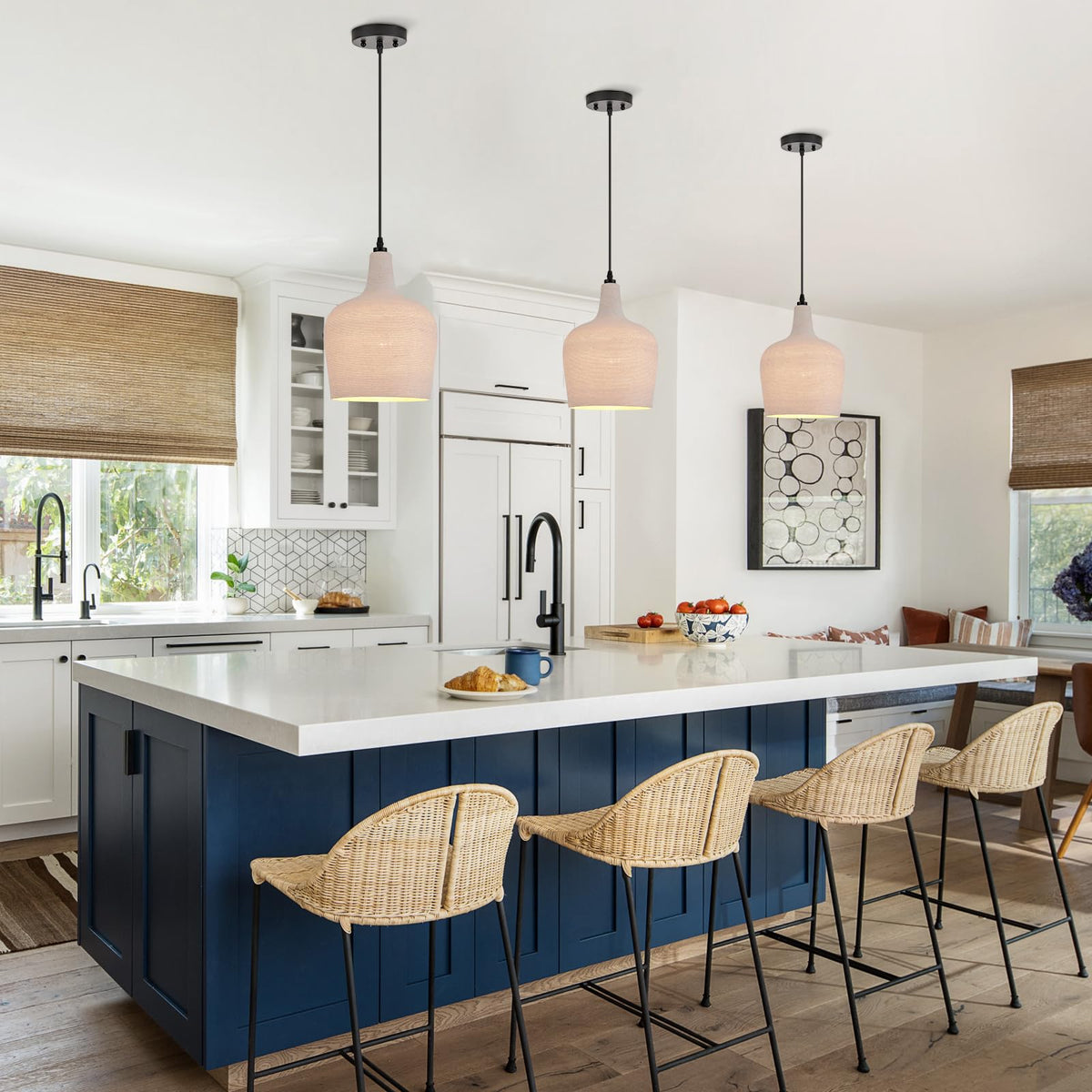 Large Hammered Glass Rattan Pendant Light Boho 1 Light Single Dome Pendant Lighting Fixtures for Kitchen Island Dining Room Hallway (White-Wicker)