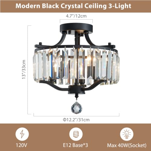 Crystal Black Chandeliers Modern Farmhouse Small Chandelier 12.2 Inch 3 (055-Black)