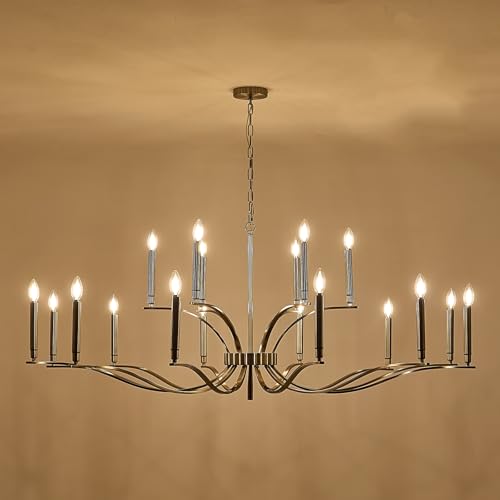 18 Light Nickel Living Room Chandelier High Ceiling Foyer Candle Chandelier Large Modern 59in Metal Chandeliers Hanging Light for Master Bedroom Dining Room Light Fixture Over Table (Nickel / 59 inch)