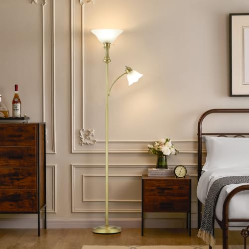 Torchiere Glod Floor Lamp with Adjustable Angle Reading Lamp (Gold)