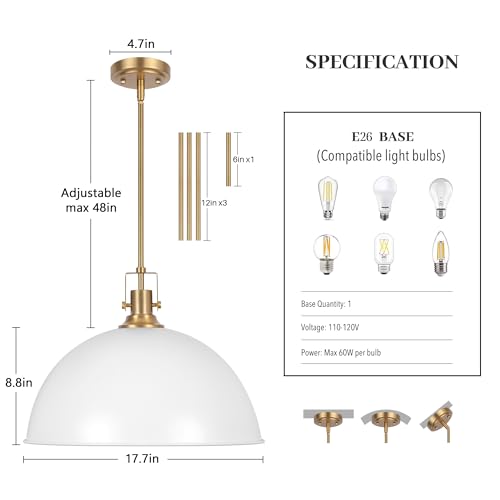 17.7 in Large Dome Pendant Light (White and Gold / 17.7 Inch)