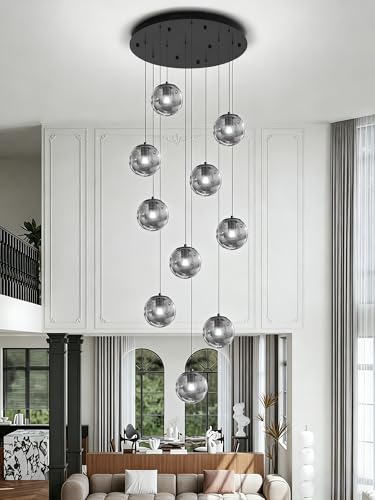 H138 Modern Smoke Glass Globe Chandelier Large Chandeliers for High Ceiling 10 (Smoke Grey / Globe 10-Light)
