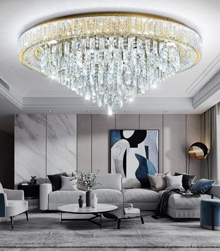 Modern Crystal Large Chandeliers LED Dimmable Flush Mount Ceiling Chandeliers for Living Room High Ceiling Entrance Foyer Bedroom (Gold / 39.3" Width)
