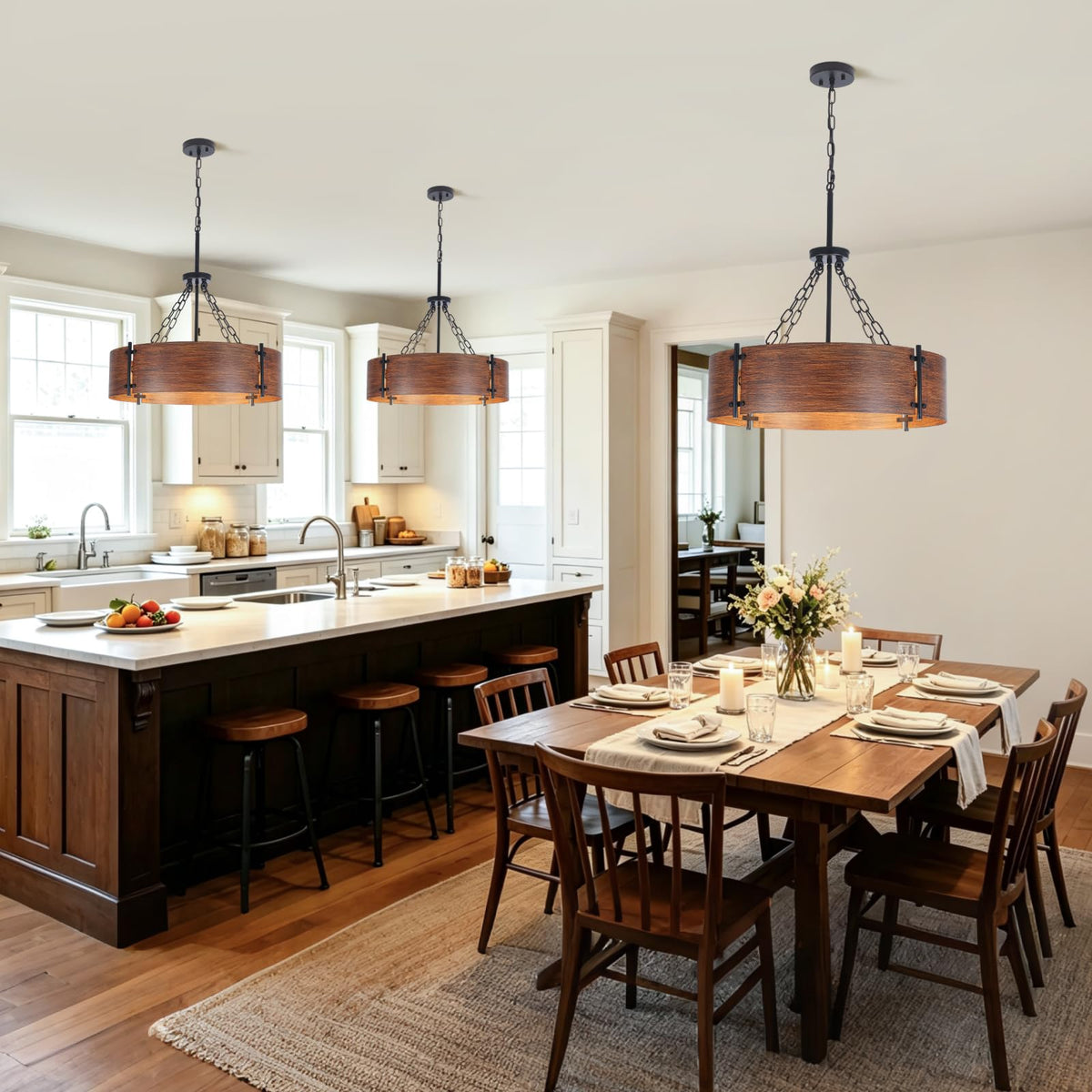 23.62" Farmhouse Chandeliers for Dining Room 6 (Brown Wood Grain Finish-6-Light-23.62'')