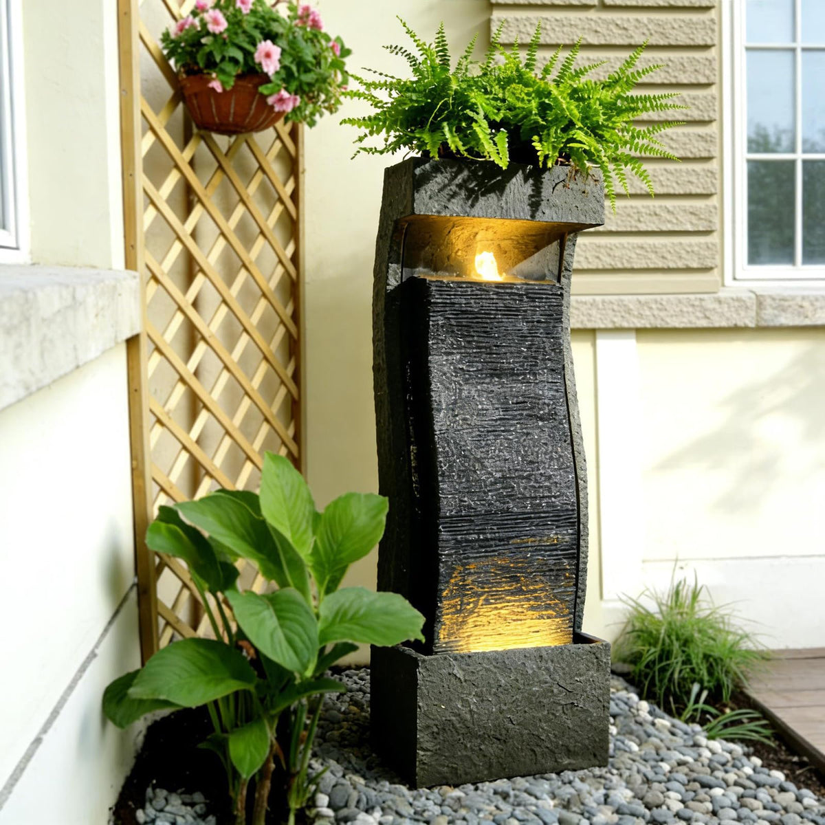 35H Modern Outdoor Water Fountain with Warm Light (35" Tall / Grey-35")