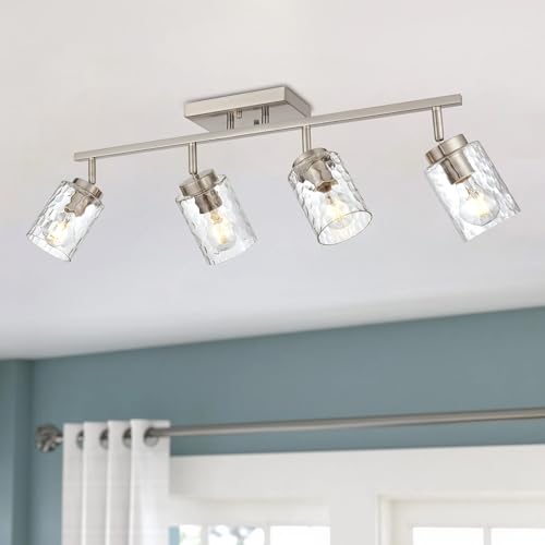 4 Light Tracking Lights Brushed Nickel Rotatable Flush Mount Ceiling Light with Clear Hammered Shade (Brushed Nickel / 4 Lights)