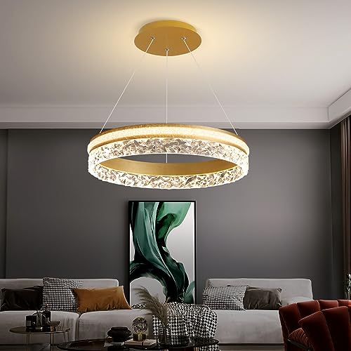 Modern LED Chandelier 1 Ring 19.7in Pendant Lighting for Kitchen Island 50W Dimmable LED Pendant Ceiling Light Gold Hanging Light Fixtures with Remote for Kitchen Dining Room Bedroom Living Room