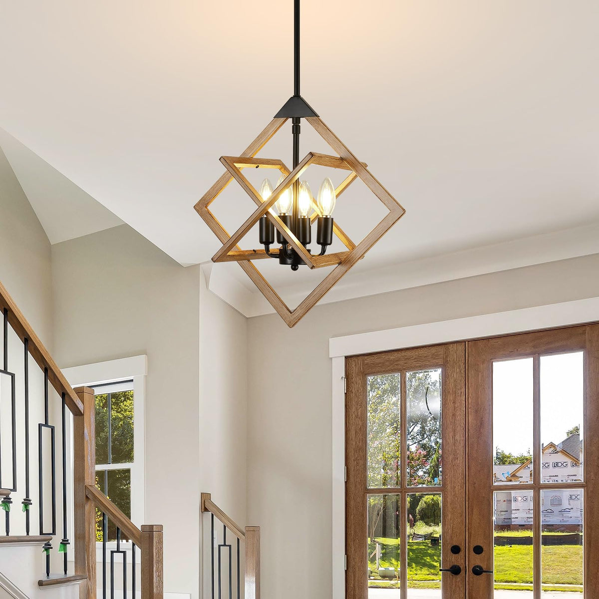 Modern Chandelier for Dining Room (Wood Grain-18"(No Assembly Required) / 4-Light)