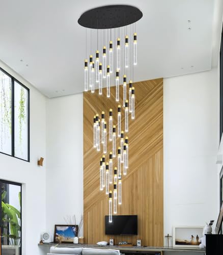 16 Foot High Ceiling Chandeliers for Living Room Entryway 32 Lights LED Lights Pendant Lighting with Dimmable Light Modern Crystal Ceiling Lights Dining Room Foyer Front Door Light (32 lights Cylindrical)