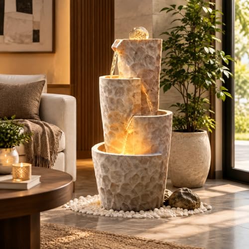 4 Tier Outdoor Water Fountain LED Crystal Ball Cascading Waterfall (White Cream 28"h)