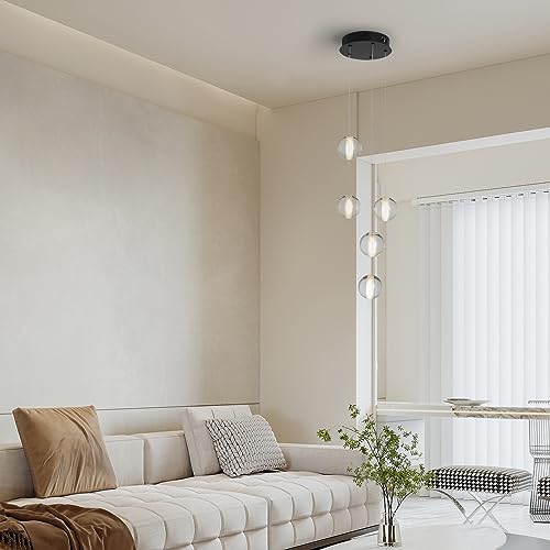 5 Lights Foyer Chandeliers for High Ceilings Raindrop Crystal Ball Chandelier Dimmable LED Entryway Pendant Light Hanging for Dining Room Kitchen Island Hallway (5 Light / Black Canopy)