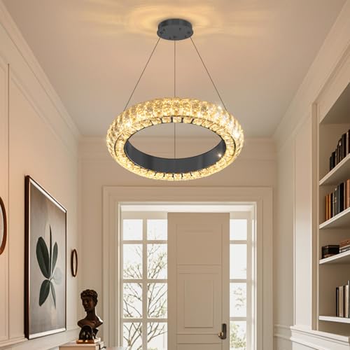 16" Ring Modern LED Dimmable Crystal Chandelier Adjustable Height Pendant Light Round Crystal Chandelier Light Fixtures for Dining Room Living Room Kitchen Island Black (Black / 1 Ring Round 16")