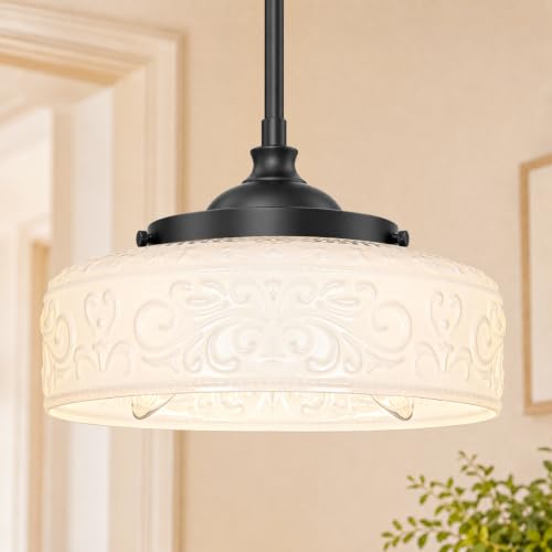 Vintage Pendant Light Over Sink Black Kitchen Island Pendant Light (Black+White Patterned Glass / 12in)