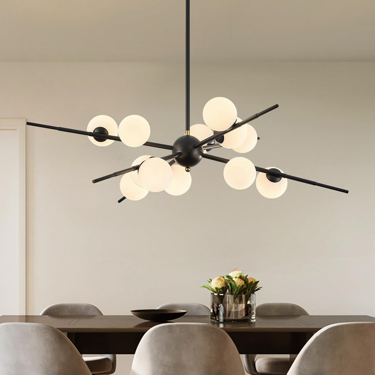 Large Black Sputnik Ceiling Light Fixture 39in 12 Light Frost Glass (Black & White / 39 inch)