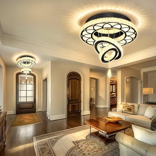 Dia 20" Modern Crystal Chandelier Flush Mount Chandeliers LED Dimmable Bedroom Chandelier Crystal Ceiling Light for Dining Room Living Room Foyer Black (Black / W:20inches)