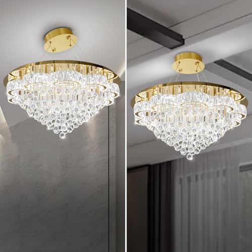 40in Modern LED Gold Chandelier for Living Room Round Crystal Ceiling Light Fixtures Flush Mount Chandeliers Ceiling Chandelier for Foyer Hallway Dining Room (Gold / 40inch)