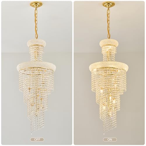 14 Light Spiral Crystal Chandelier Gold Finish for Foyer Entryway Living Room Dining Room 36'' H X 16'' W X 16'' D (Gold / 36'' H X 16'' W X 16'' D)