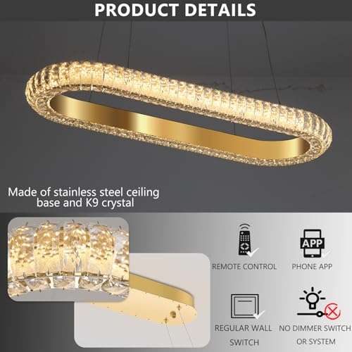 32'' Oval Ring Crystal Chandelier Modern LED Dimmable Ring Pendant Light Chandelier for Dining Room Living Room Gold (Gold / 1 Ring Oval 32")