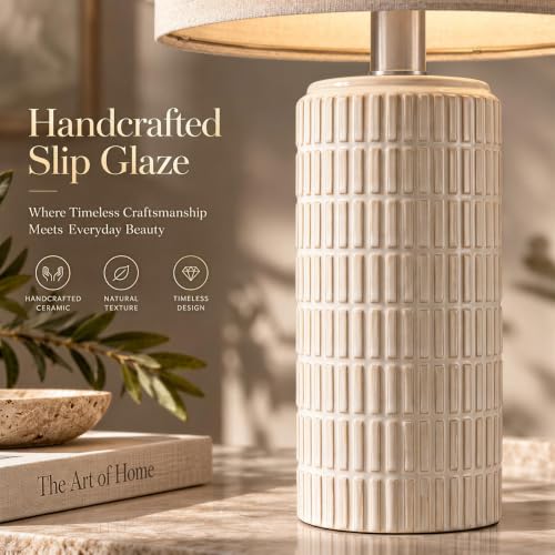 23" Modern Ceramic Table Lamp Set of 2 for Living Room Bedroom (Beige and White)