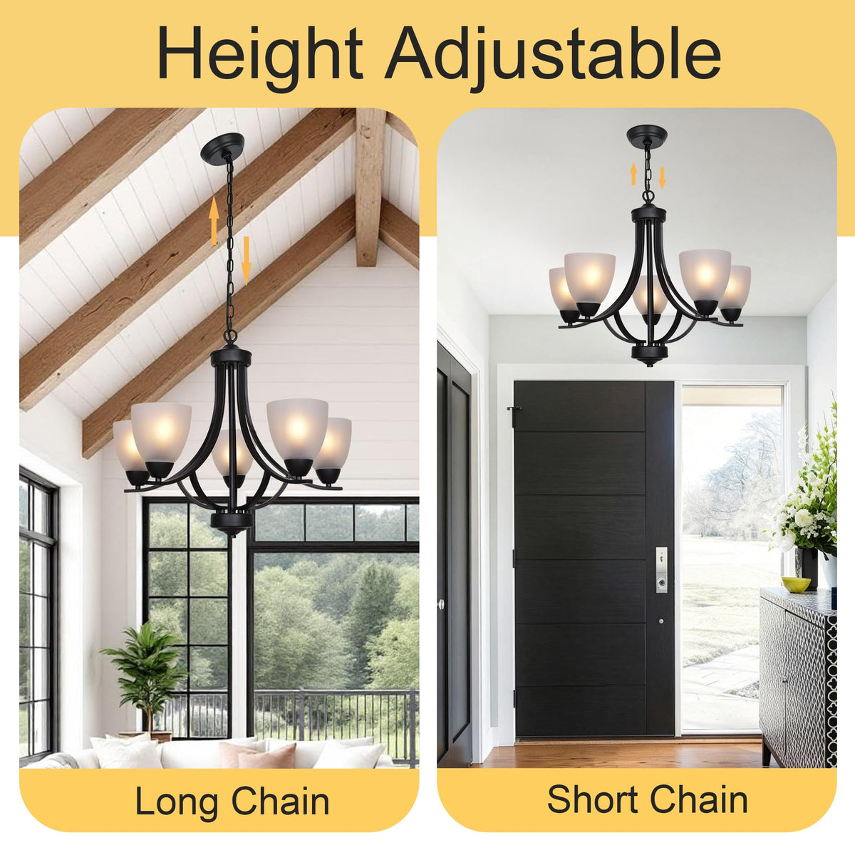 5 Light Shaded Contemporary Chandeliers with Alabaster Glass Black Rustic Light Fixtures Ceiling Hanging Mid Century Modern Pendant Lighting for Dining Room Foyer Bedroom Living Room (Black / 5 Light)