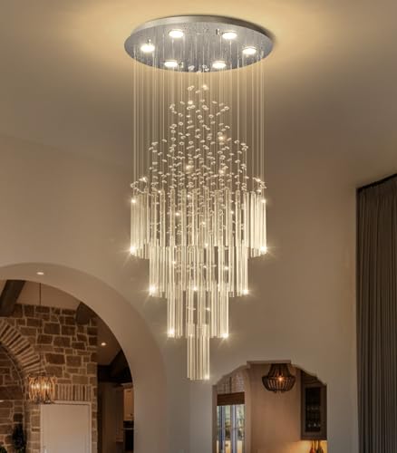 W20 x H40 Crystal Glam Chandelier Long Light Chandeliers with Dimmable Light Bulbs High Ceiling Light Fixtures for Foyer Entryway Living Room Stair Silver (Silver / Round W20" X H40")