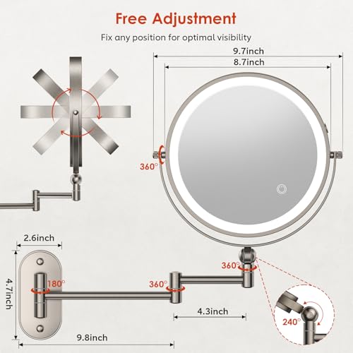 9" Wall Mounted Lighted Makeup Mirror (4000mah-9inch-30x-nickel)