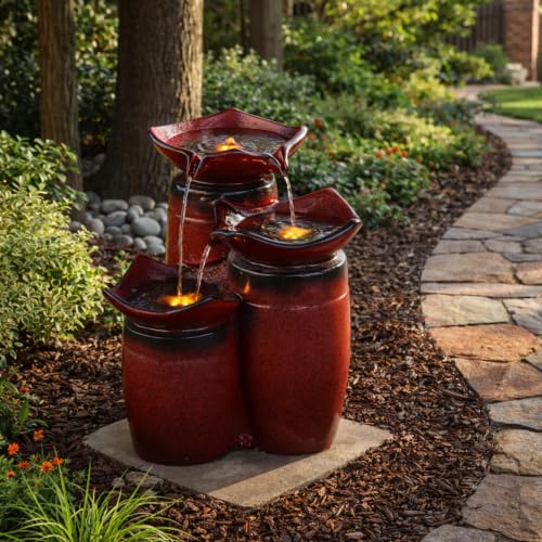 3 Tiered Floor Water Glazed Pots Fountain with LED Lights and Pump for Outdoor Patio Garden Backyard Decking Décor (Gradient Red)