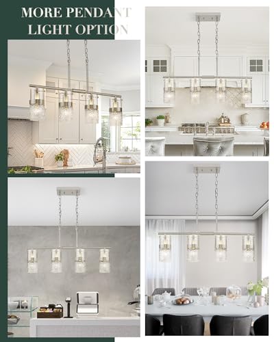4 Light Brushed Nickel Island Chandelier Lights for Kitchen (Silver -Hammered Glass / 3.5" Hammered Glass, 4-Light)