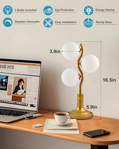 Gold Globe Table Lamp Dimmable Modern Ball Lamp 3 Bulbs Included (01-Gold-Globe-3-S)